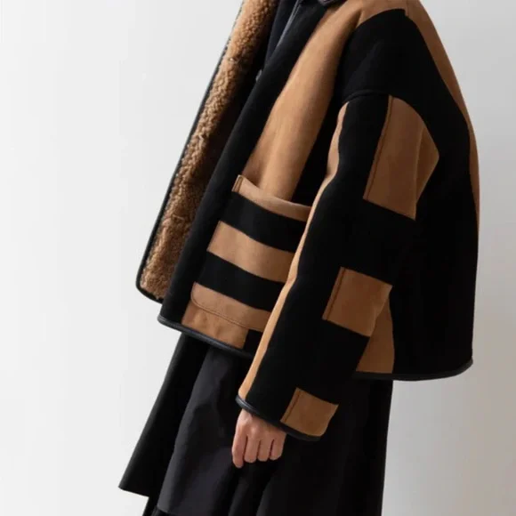 CawleyStriped Shearling Avis Jacket in Black & Tan